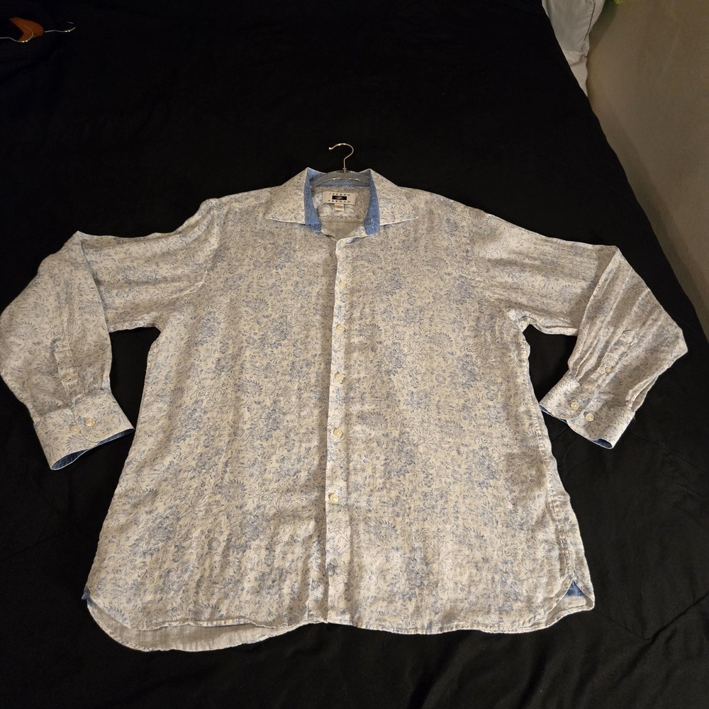 Joseph Abboud Button Down Shirt Mens XL Blue White‎ Linen Floral Paisley Exc